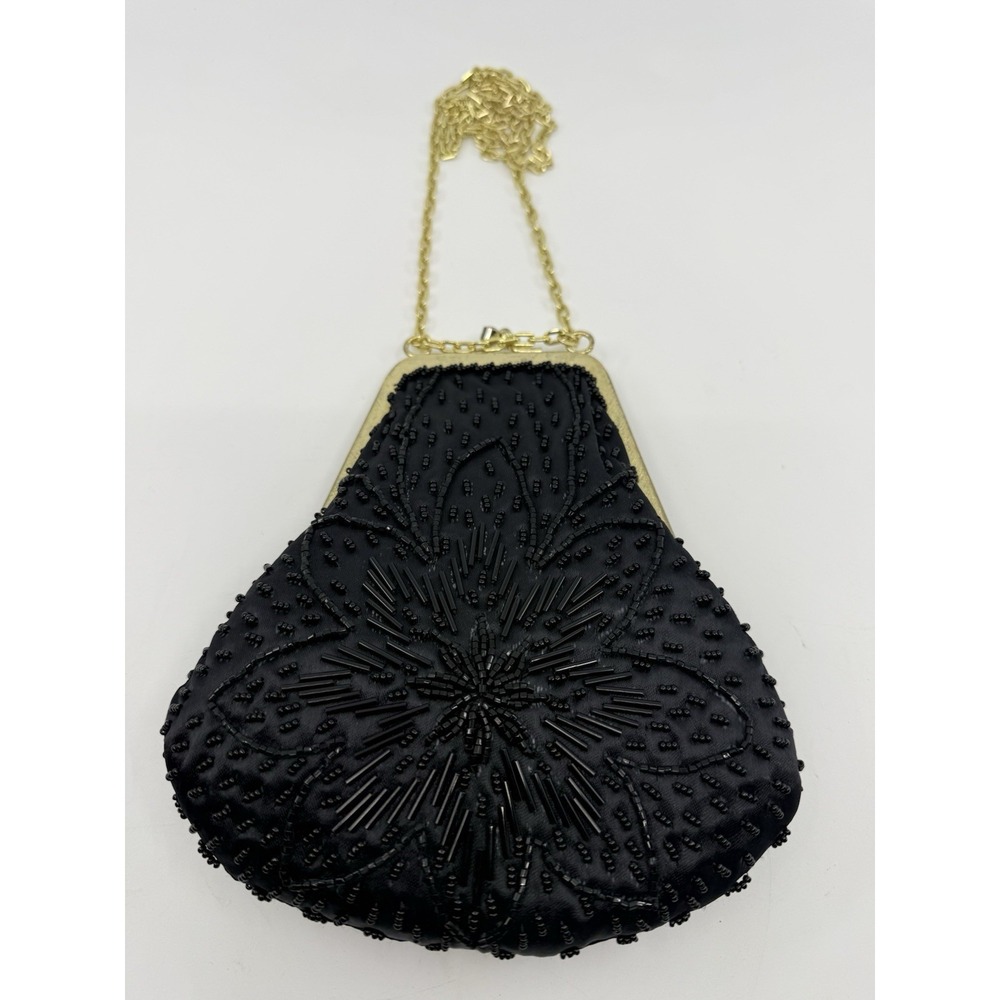 Vtg Fine Arts Bag Co. Inc. Black Beaded Evening Purse w/ Gold Chain Hong Kong